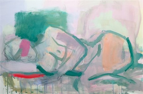 reclining, pink and green